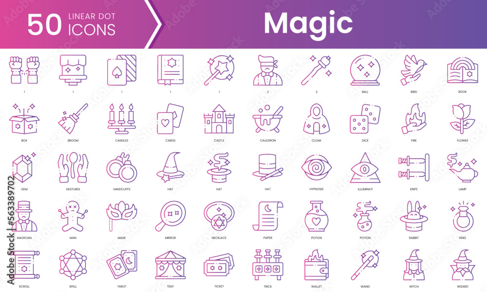 Set of magic icons. Gradient style icon bundle. Vector Illustration