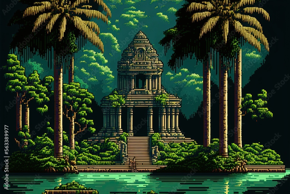 Pixel art Mayan temple, ancient Mayan pyramid in the forest, background ...