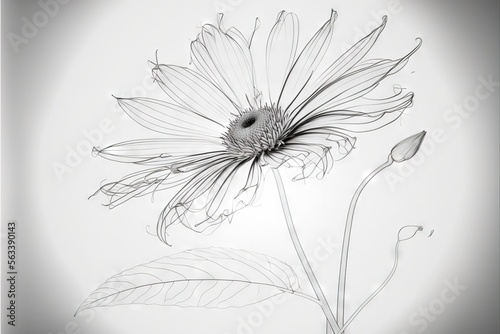  a black and white photo of a flower with a blurry background of leaves and petals on the bottom of the picture is a single flower with a single stem in the center of the picture. Generative AI