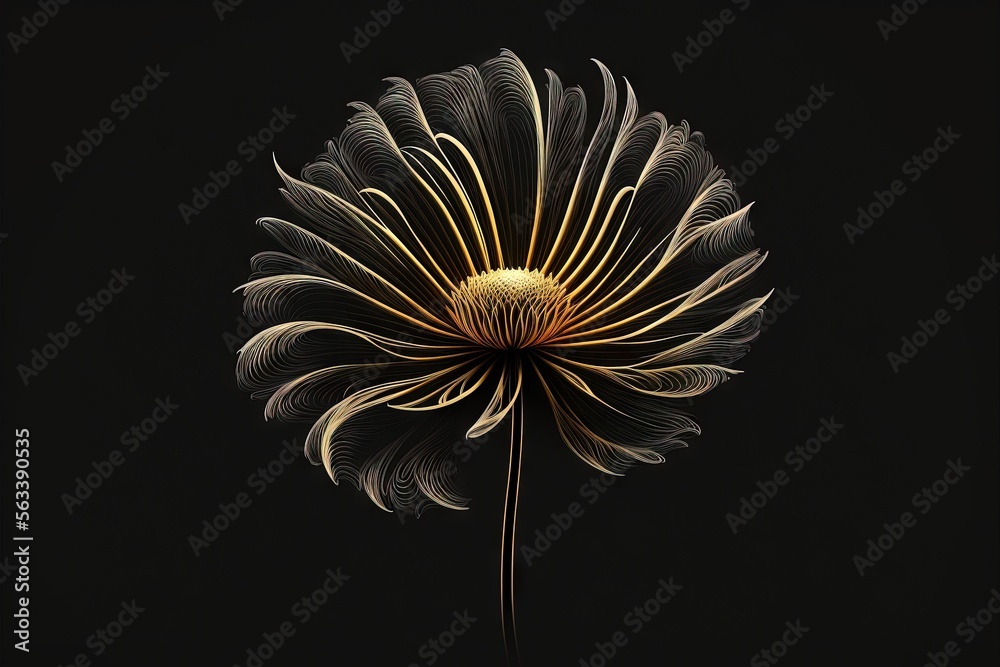 a large flower with a black background and a yellow center on the center of the flower is a long stem with a thin stem and thin stem with a thin stem, with a thin stem. Generative AI a large flower with a black background and a yellow center on the center of the flower is a long stem with a thin stem and thin stem with a thin stem, with a thin stem. Generative AI