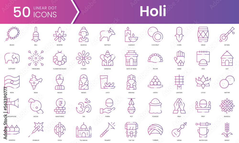 Set of holi icons. Gradient style icon bundle. Vector Illustration