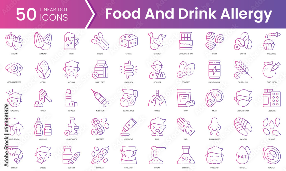 Set of food and drink allergy icons. Gradient style icon bundle. Vector Illustration