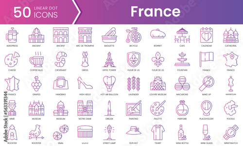 Set of france icons. Gradient style icon bundle. Vector Illustration