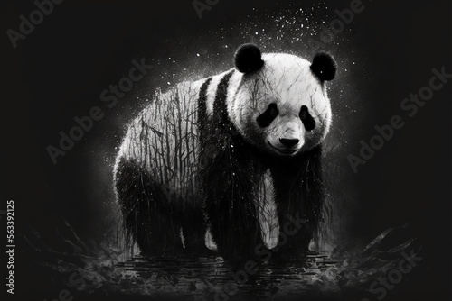  a panda bear standing in the water with its head turned to the side and his eyes closed, with trees in the background, and snow on the ground, and on the ground,. Generative AI