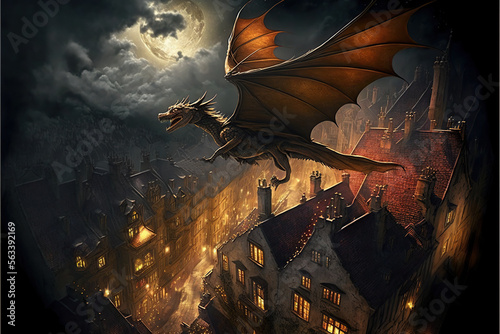 dragon flying over a medieval city, with houses and towers below it.