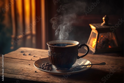  a cup of coffee on a saucer with steam rising from it and a candle in the background on a wooden table with a lantern and a lantern light bulb on the side of the. Generative AI