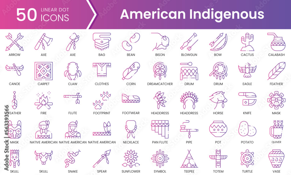 Set of american indigenous icons. Gradient style icon bundle. Vector Illustration