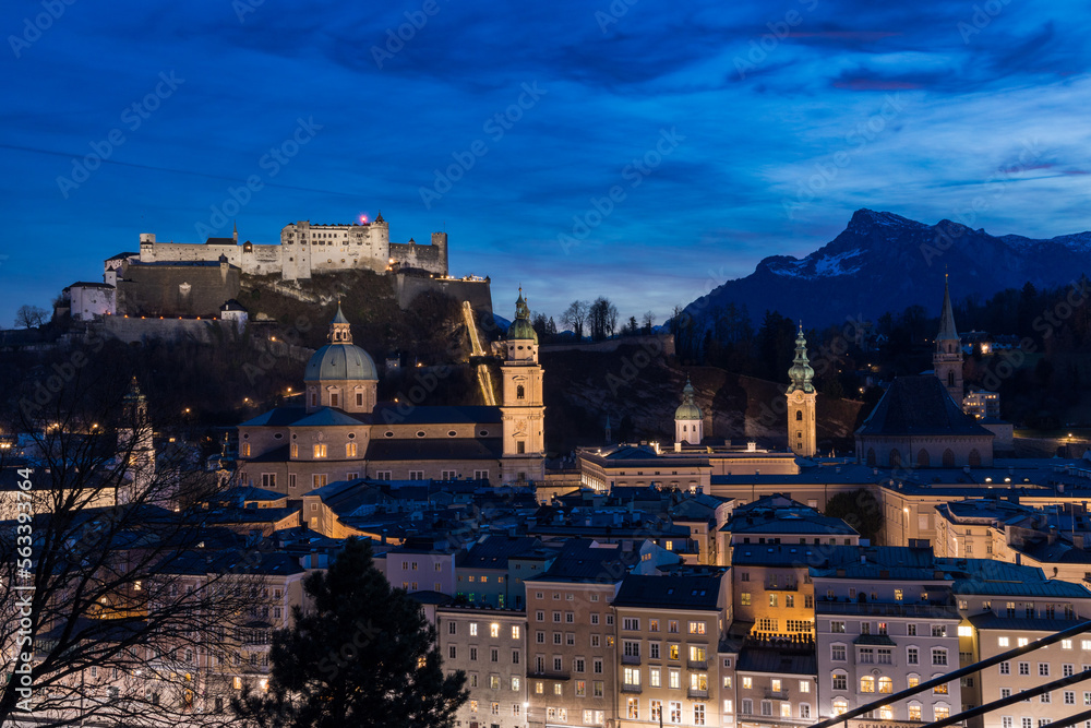 Night view over Salzburg  Hohenzalzburg Castle