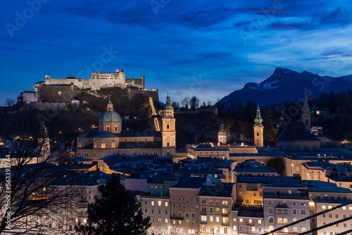 Night view over Salzburg Hohenzalzburg Castle