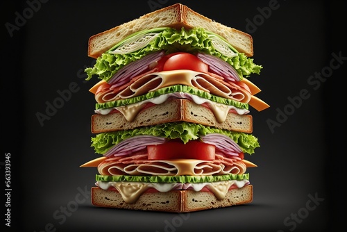  a stack of sandwiches with lettuce, tomato, and cheese on them, stacked up in the shape of a tower on a black background with a black background with a shadow. Generative AI