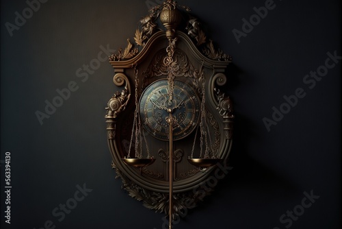  a clock with a scale and a pendulum on it's side, against a dark wall with a gold frame and a golden clock on it's side, with a scale and a. Generative AI