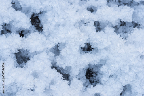 Snow as background, closeup view. Winter weather. Spring grainy blue snow background © zanna_