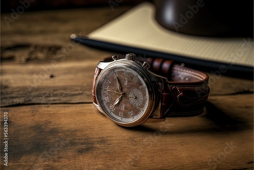  a watch sitting on a wooden table next to a pen and a book on a table top with a pen and a wooden table top with a wooden surface with a pen and a pen.