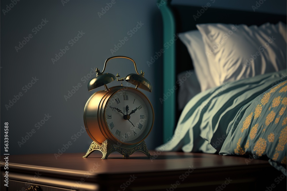 a gold clock sitting on top of a wooden table next to a bed with a blue comforter and pillows on it's sides and a night stand with a green headboard and a blue pillow. Generative AI a gold clock sitting on top of a wooden table next to a bed with a blue comforter and pillows on it's sides and a night stand with a green headboard and a blue pillow. Generative AI