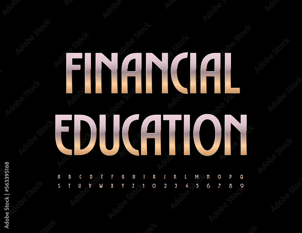 Vector stylish sign Financial Education. Elegant silver Font. Metallic chic Alphabet Letters and Numbers set