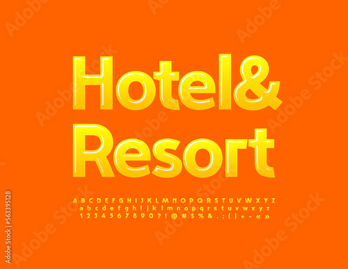 Vector artistic Emblem Hotel and Resort. Modern creative Font. Glossy Yellow Alphabet Letters and Numbers