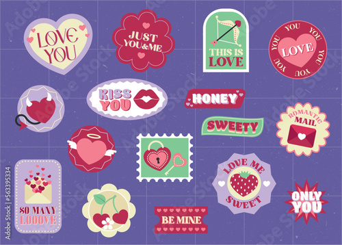 Valentines day. Retro Trendy Stickers Set. Love. Kiss. Sweety. Honey. Lovers. Be mine. Only You. Stickers pack or icons collection. Vector illustration