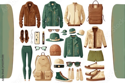  a collection of clothing and accessories arranged in a flat lay style on a white background with a green surfboard in the foreground and a brown backpack, a pair of sunglasses. Generative AI