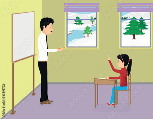 male teacher lectures to female student in class.