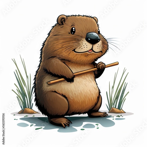 Valokuvatapetti a beaver holding a stick in its paws and standing on its hind legs in the grass with its paws on the ground, looking up, with its front paws, with a smile,