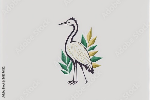  a bird with leaves on it's back and a white background with a green border around it and a white background with a gold border around the neck and bottom border with a black. Generative AI
