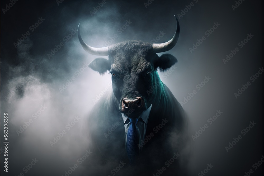 portrait of a businessman with a bull head, dramatic lighting, stock market bull run concept