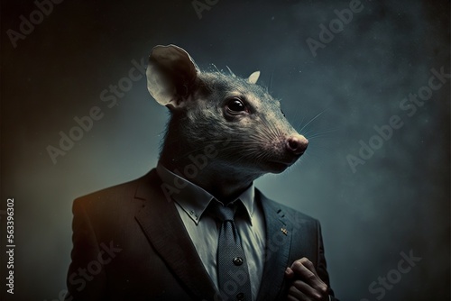 portrait of a business man with a rat head, untrustworthy snitch concept, rat person, 