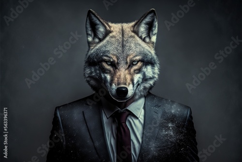 portrait of a business man with a wolf head. the wolf of wallstreet, stock market trading concept