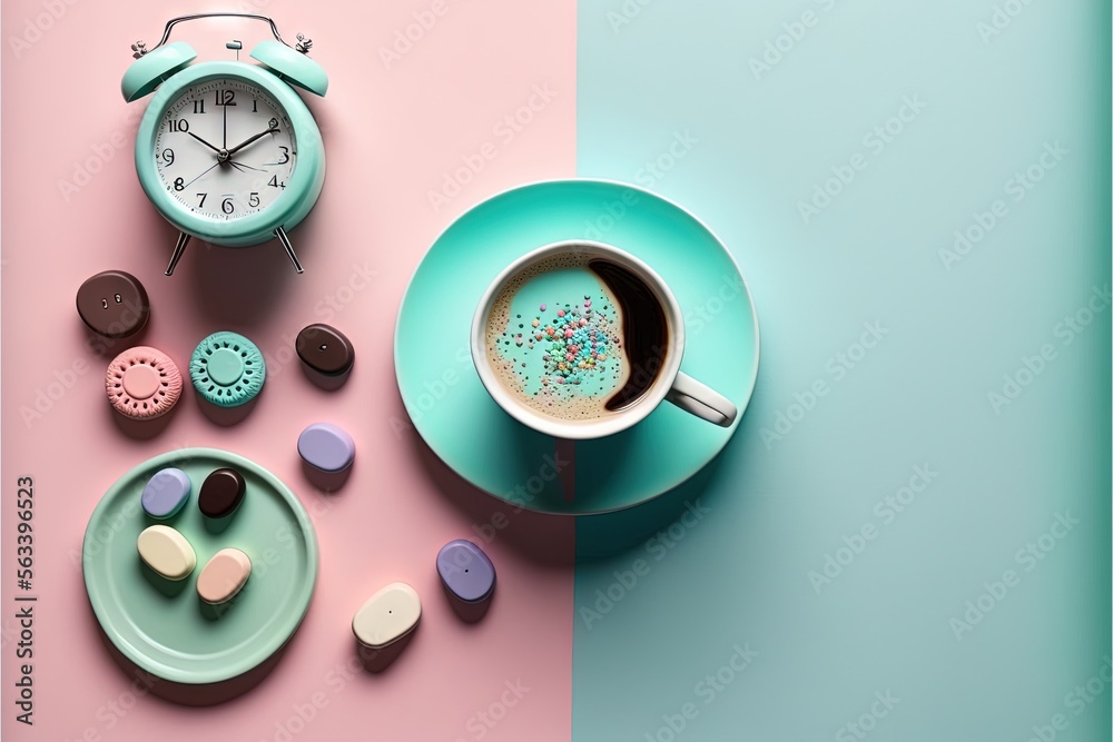  a cup of coffee and a plate with cookies and a clock on a pink and blue background with a pink and blue background and a blue plate with a cup of cookies and a blue. Generative AI