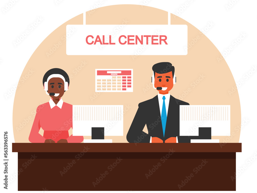 Call center. Customer service, hotline operators consult customers with headsets on computers, 247 global online technical support, call processing system. Vector graphics Call center. Customer service, hotline operators consult customers with headsets on computers, 247 global online technical support, call processing system. Vector graphics