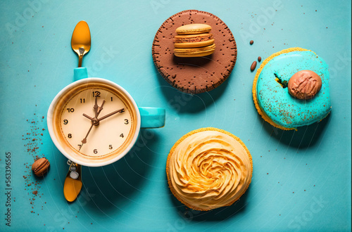  a cup of coffee and some cookies on a table with a clock and spoons on it and a cookie on the table with a cookie on top of the table and a clock on the. Generative AI
