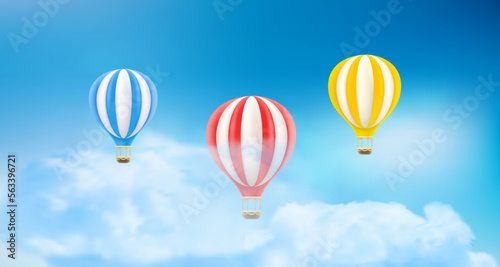 Flying air balloons in cloudy sky. Air travel concept. 3d vector illustration