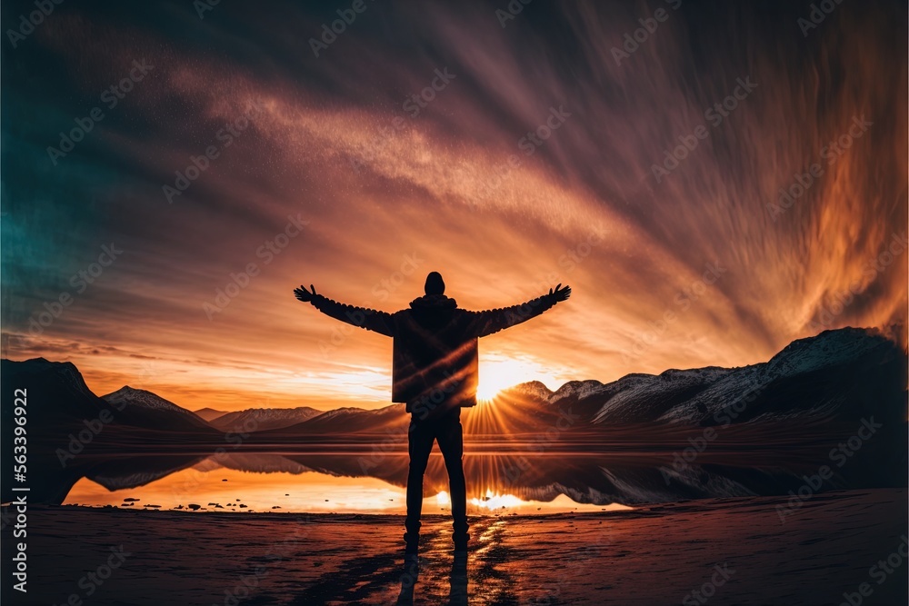 a man standing in front of a sunset with his arms outstretched in the ...