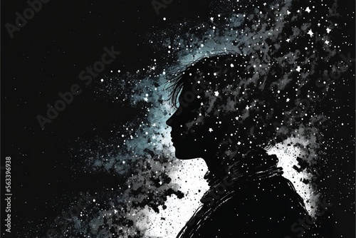  a man is looking at the stars in the sky with a black background and a white outline of his head and neck, and a black background of the stars is black and white,. , generative ai photo