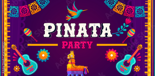 Bright colorful donkey pinata isolated on white. Mexican Fiesta banner and poster design with donkey pinata  flowers  decorations