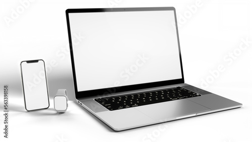 Blank screen - mockup of Laptop, smartphone, smartwatch isolated on white background high quality details -3D rendering