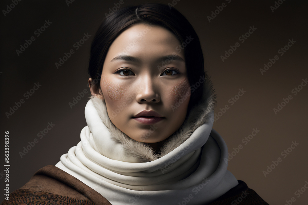 Close-up portrait of a beautiful young Inuit woman on a brown background, not based on a real person, Generative AI