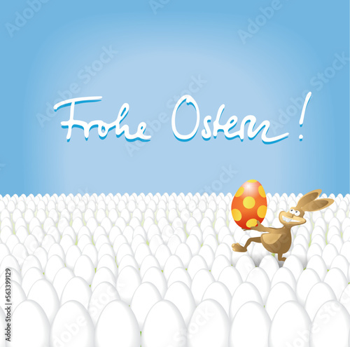 Grafik frohe Ostern hüpfender Osterhase mit buntem Ei hüpft durch Eier-Feld