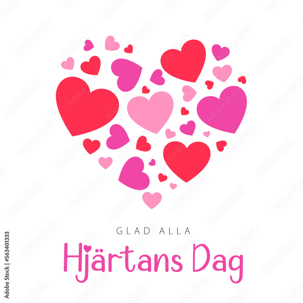 Happy Valentine's Day lettering in Swedish with colorful hearts. Modern card design. Vector illustration	