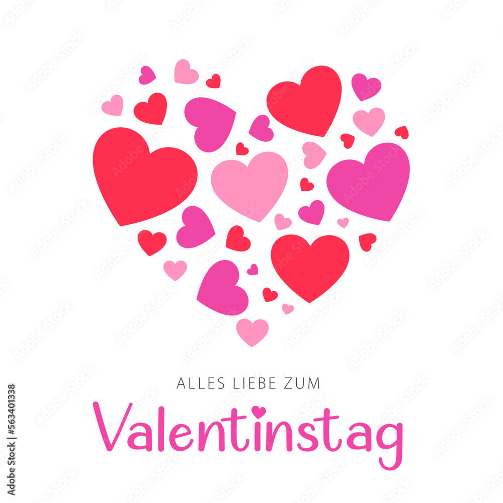 Happy Valentine's Day lettering in German with colorful hearts. Modern card design. Vector illustration	