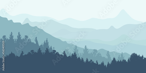 Horizontal mountain landscape with trees. Panoramic view of ridges and forest in fog, vector illustration. © Metaverse
