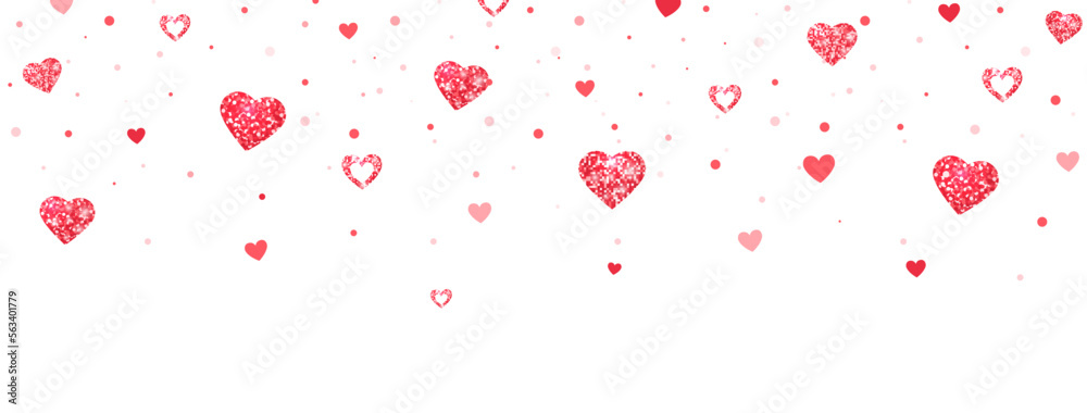Heart glitter red background. Valentine Day border. Happy celebration banner. Wedding luxury decoration. Love shape. Falling confetti. Birthday frame. Magic romantic card. Vector illustration