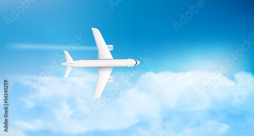 Flying modern airplane top view flying in cloudy sky. Air travel concept. 3d vector illustration