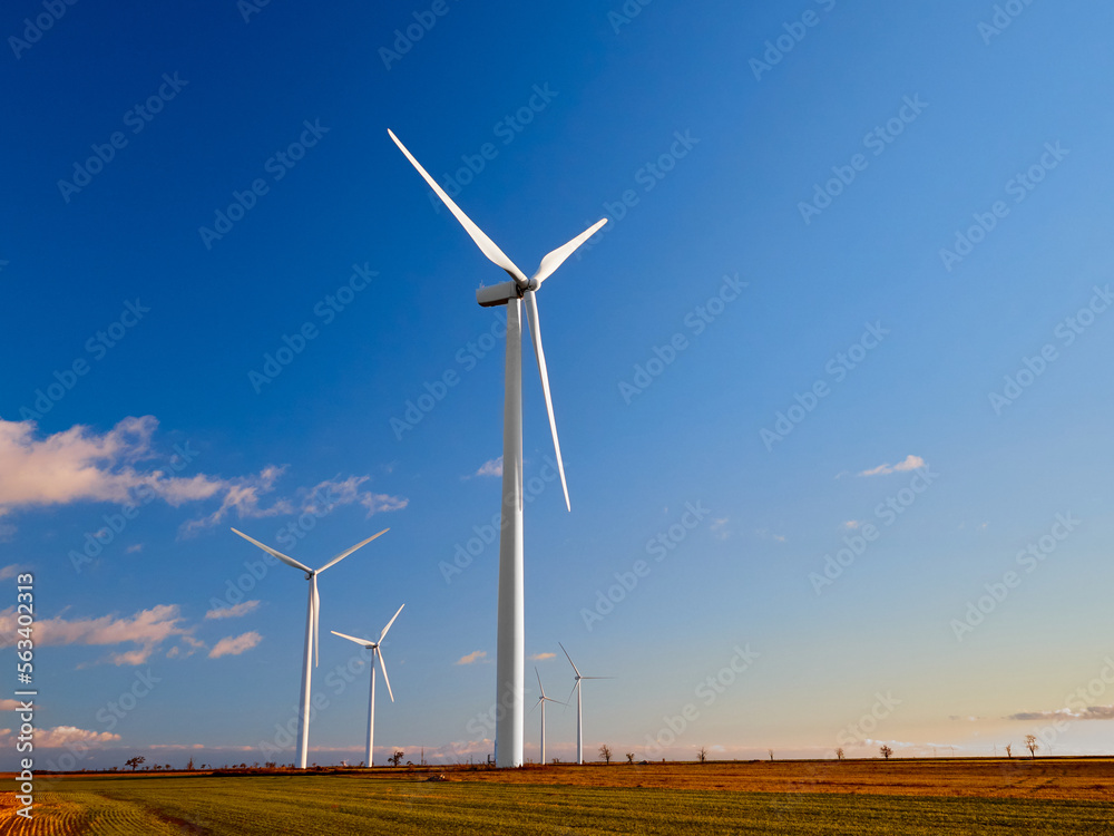 Panoramic view of a wind turbines farm at sunset with copy space. Green energy, concept of sustainability Panoramic view of a wind turbines farm at sunset with copy space. Green energy, concept of sustainability