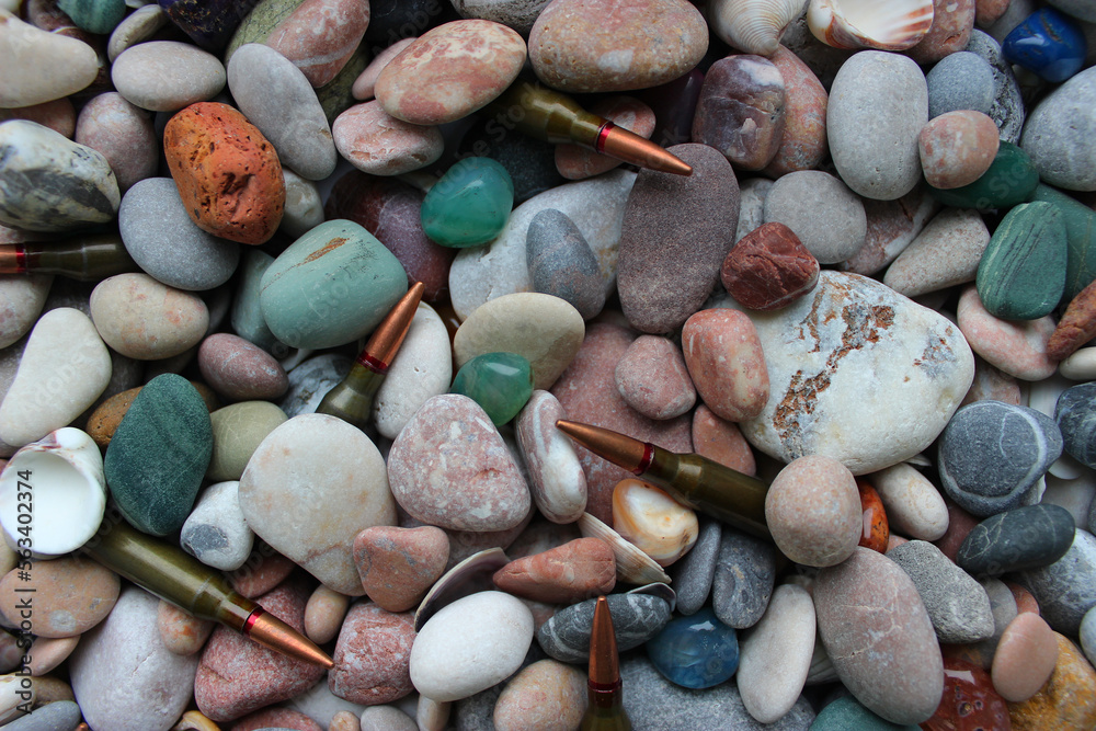 Photo & Art Print Bullets For a Gun Under Smooth Colored Stones