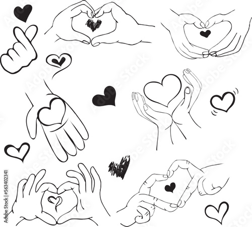 Hands with Hearts in Black and White Colors. Vector Illustration.