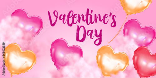 Horizontal banner with pink sky and clouds, heart shape balloons. Place for text. Happy Valentine's day sale header or voucher template with hearts. Rose cloudscape border frame pastel colors. photo