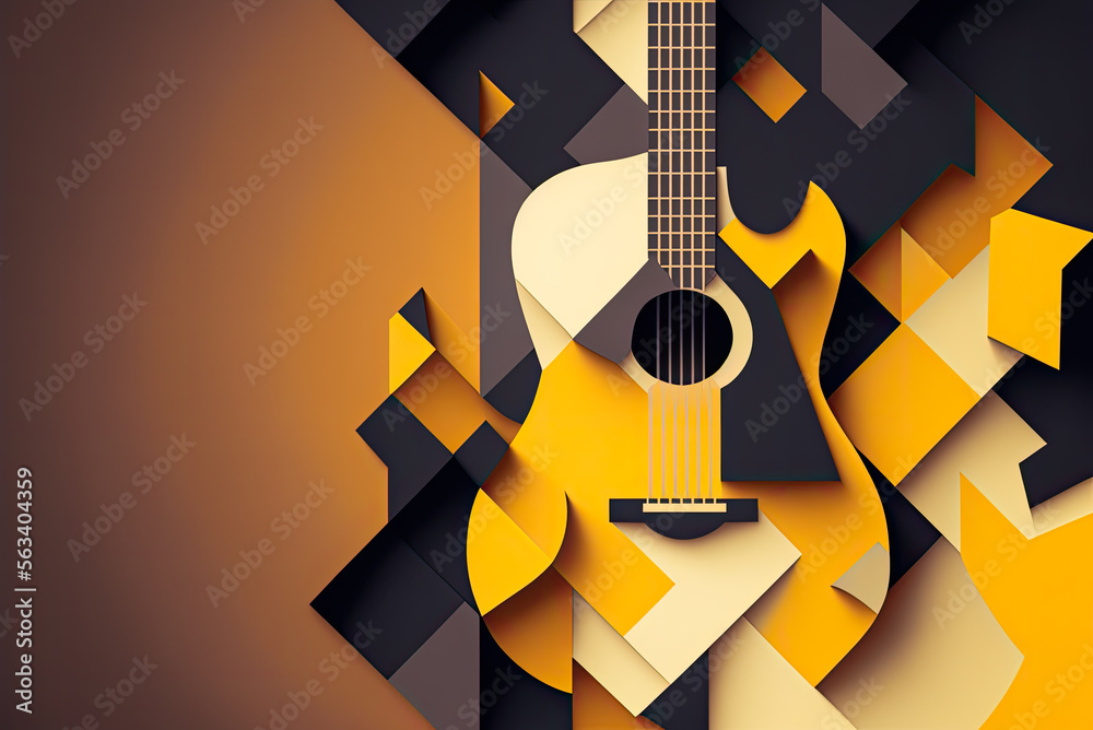 Acoustic guitar design, copyspace, background, graphic. Generative AI - obrazy, fototapety, plakaty 
