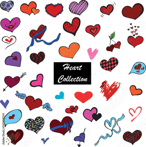Love Hearts Doodle Colorful Set. Vector Hand Drawn Illustration.
