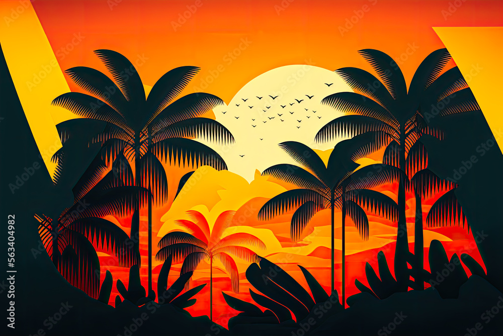Tropical palm trees sunset design, background, graphic. Generative AI